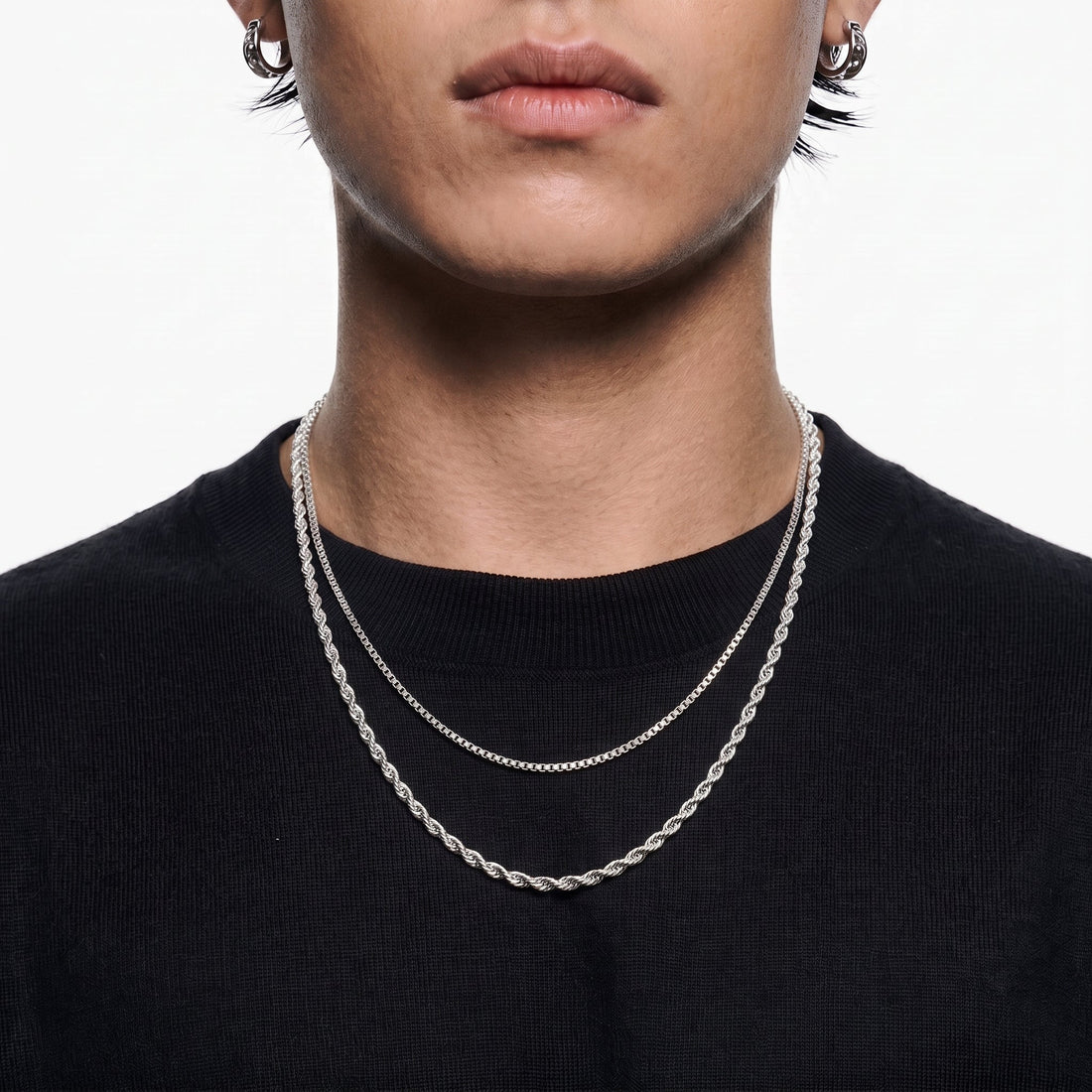 AI-enhanced necklace layering illustration based on original photography; not a measured fit comparison