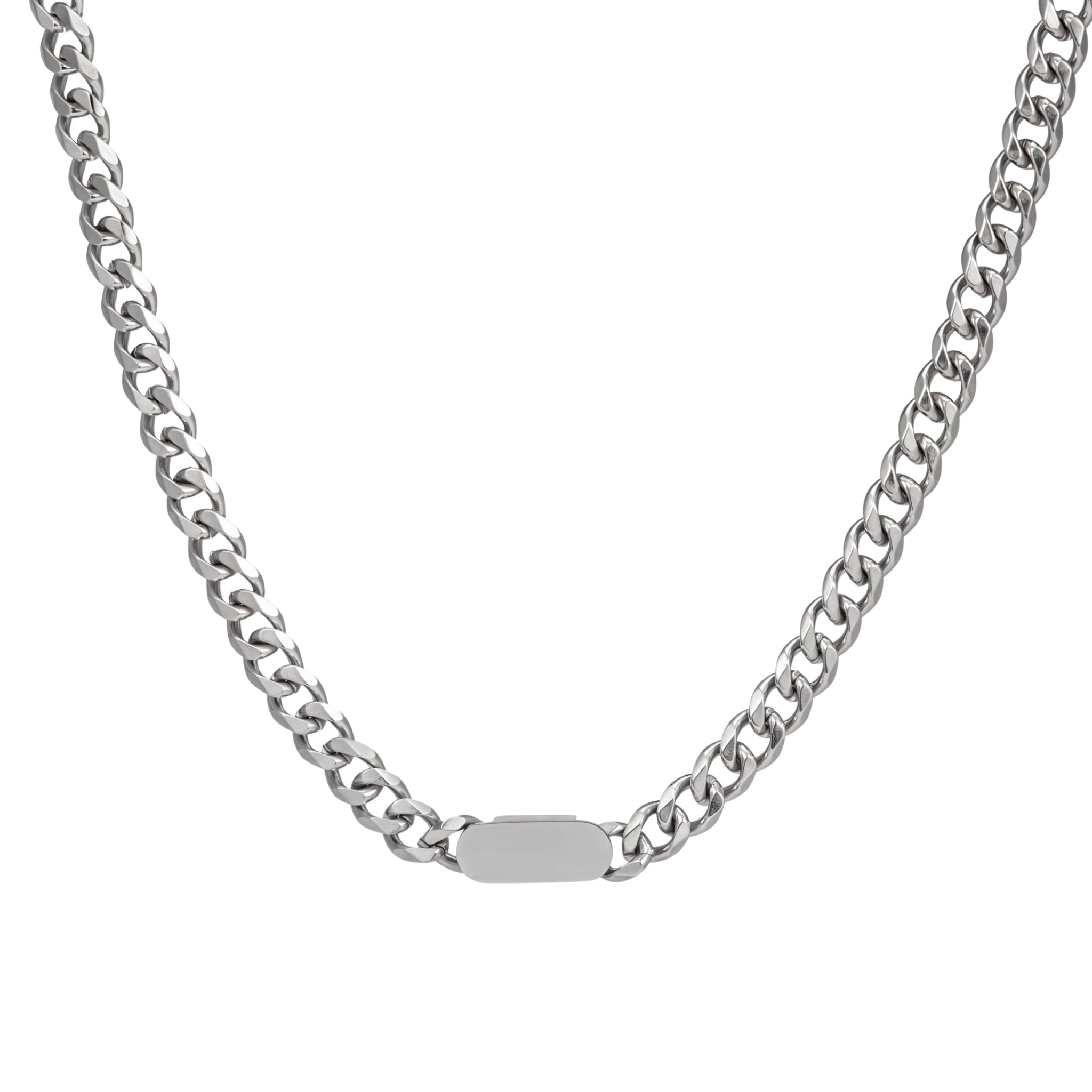 GRIFFIN cuban chain necklace with center plate in 316L stainless steel - silver