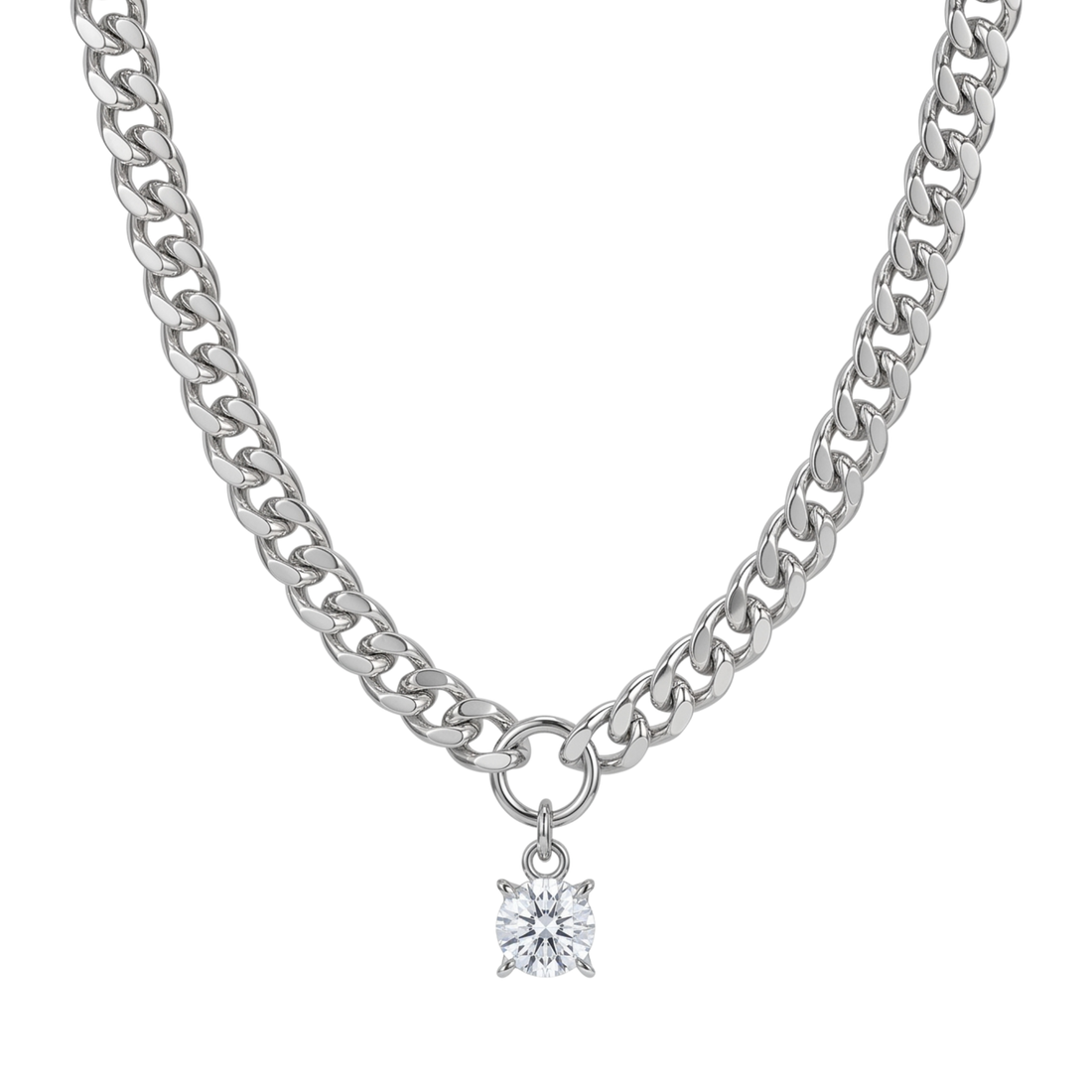 EVANDER cuban chain necklace with cz pendant in 316L stainless steel - silver