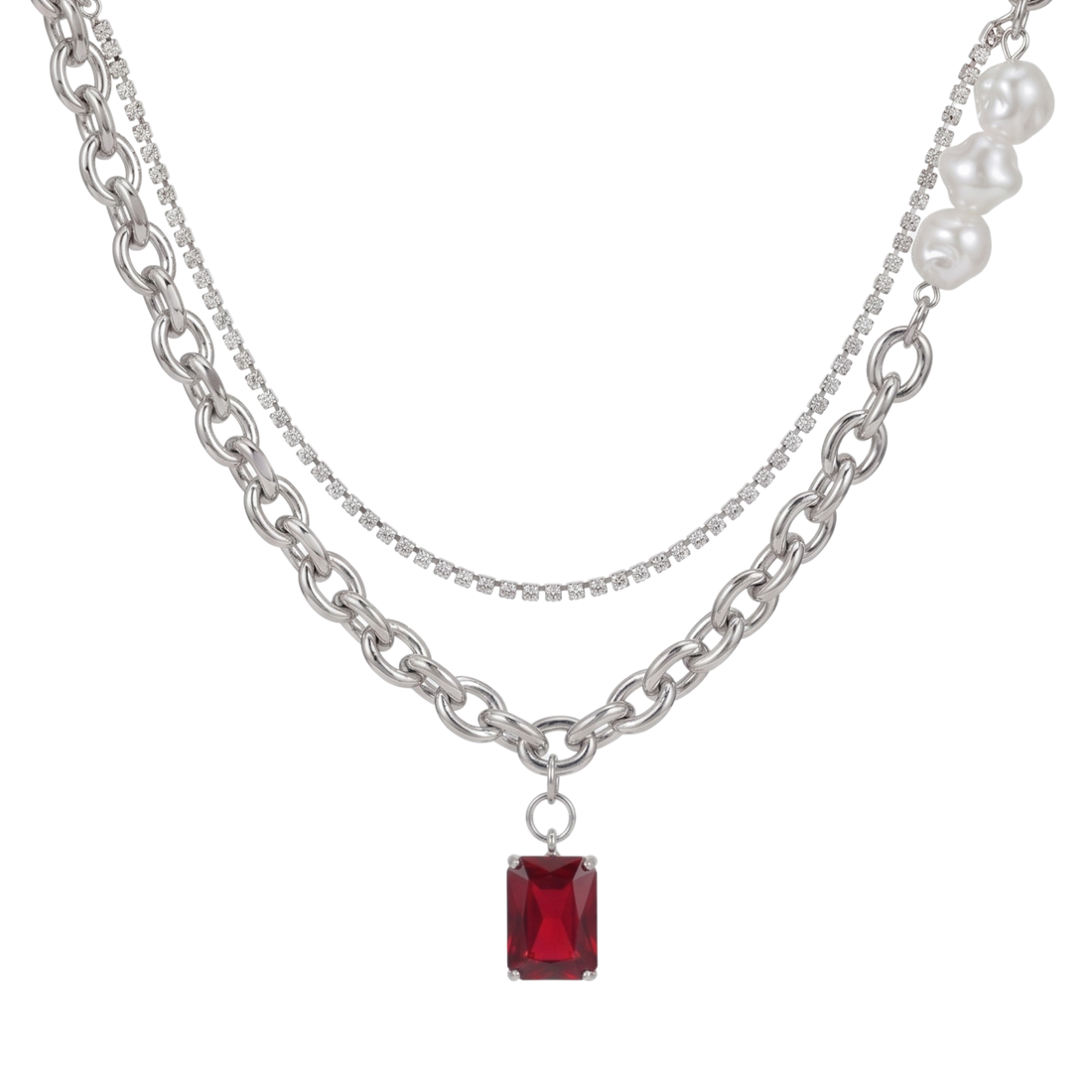 AURUM layered pearl red gemstone necklace in 316L stainless steel - silver