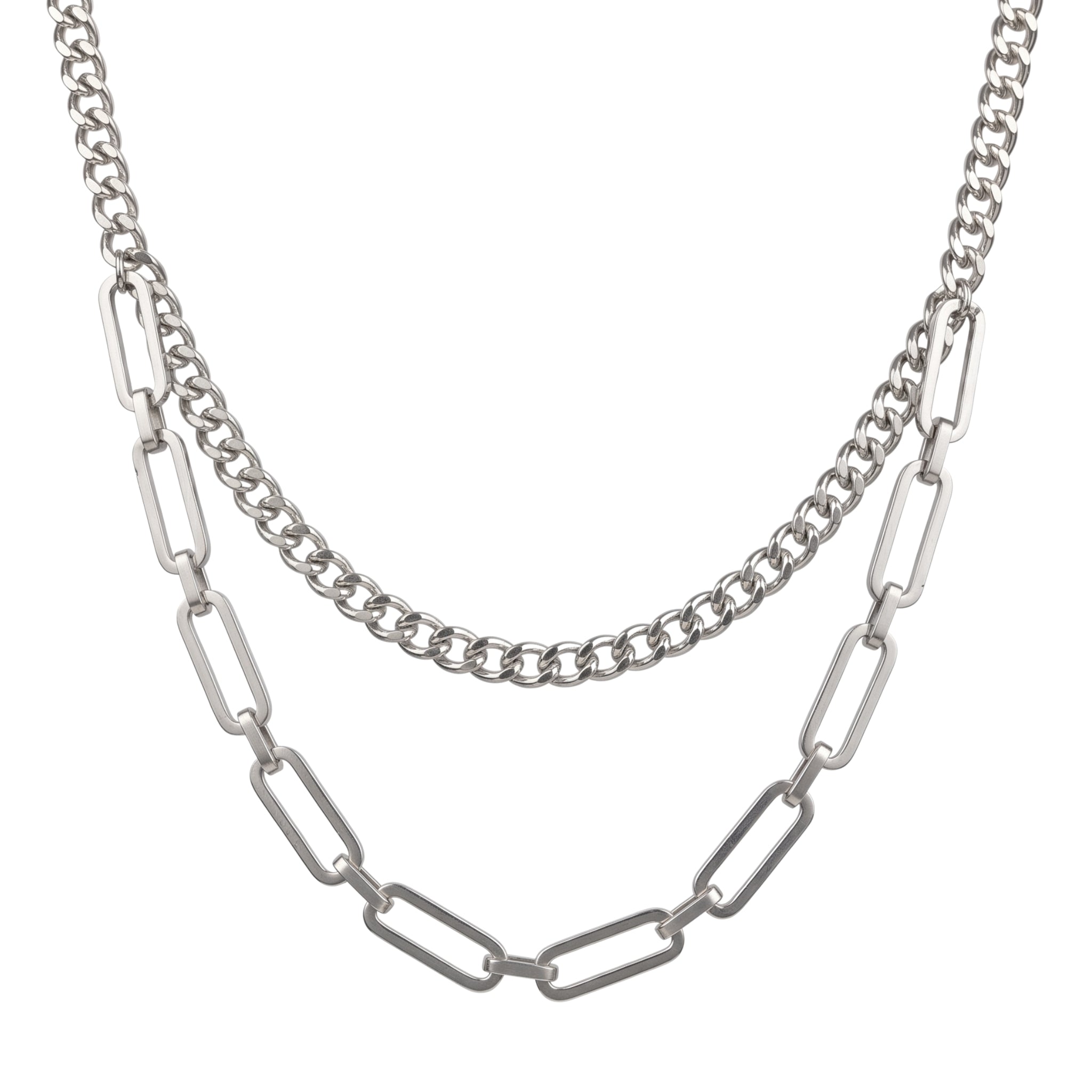 KASTOR layered cuban & geometric chain necklace in 316L stainless steel - silver