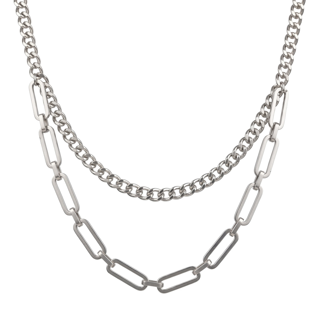 KASTOR layered cuban & geometric chain necklace in 316L stainless steel - silver