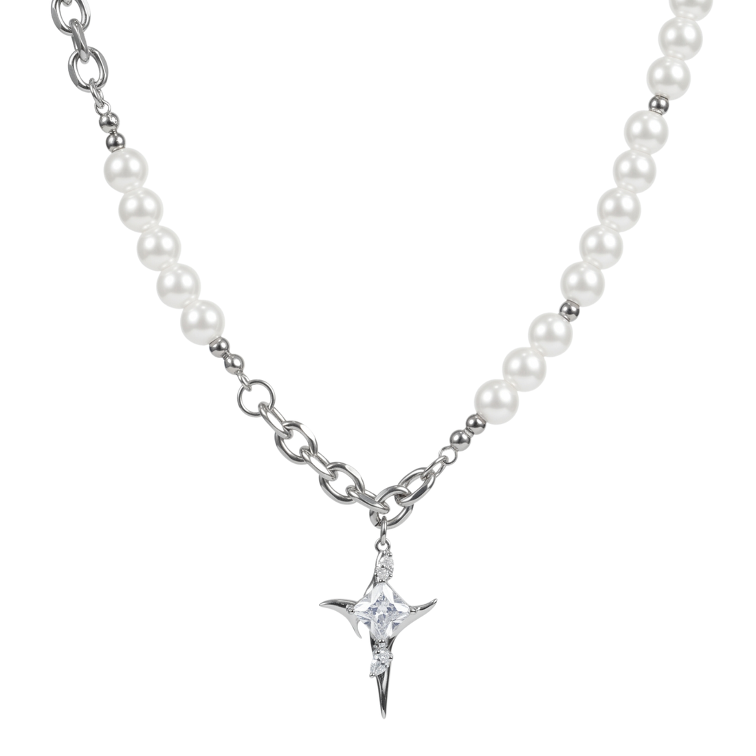 PHOEBE half pearl half chain star pendant necklace in 316L stainless steel - silver