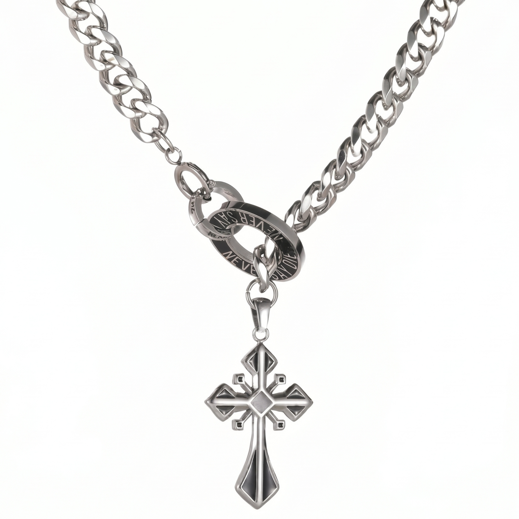 SANCTUS cross pendant dual ring necklace in 316L stainless steel - silver