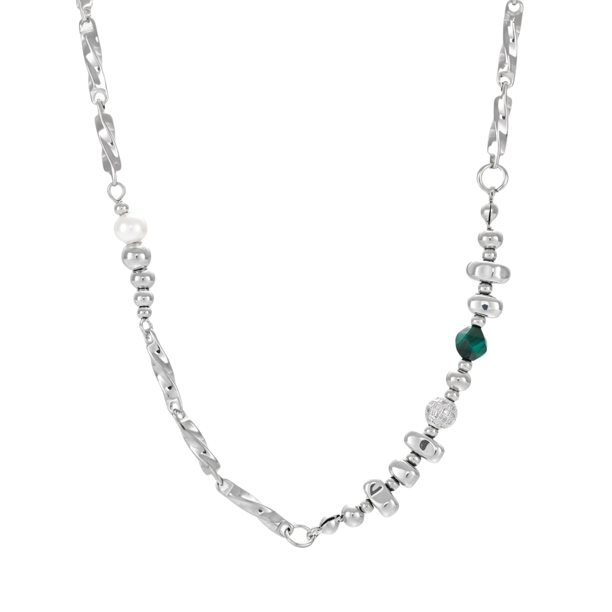 RENAN twisted bar bead link necklace in 316L stainless steel - silver