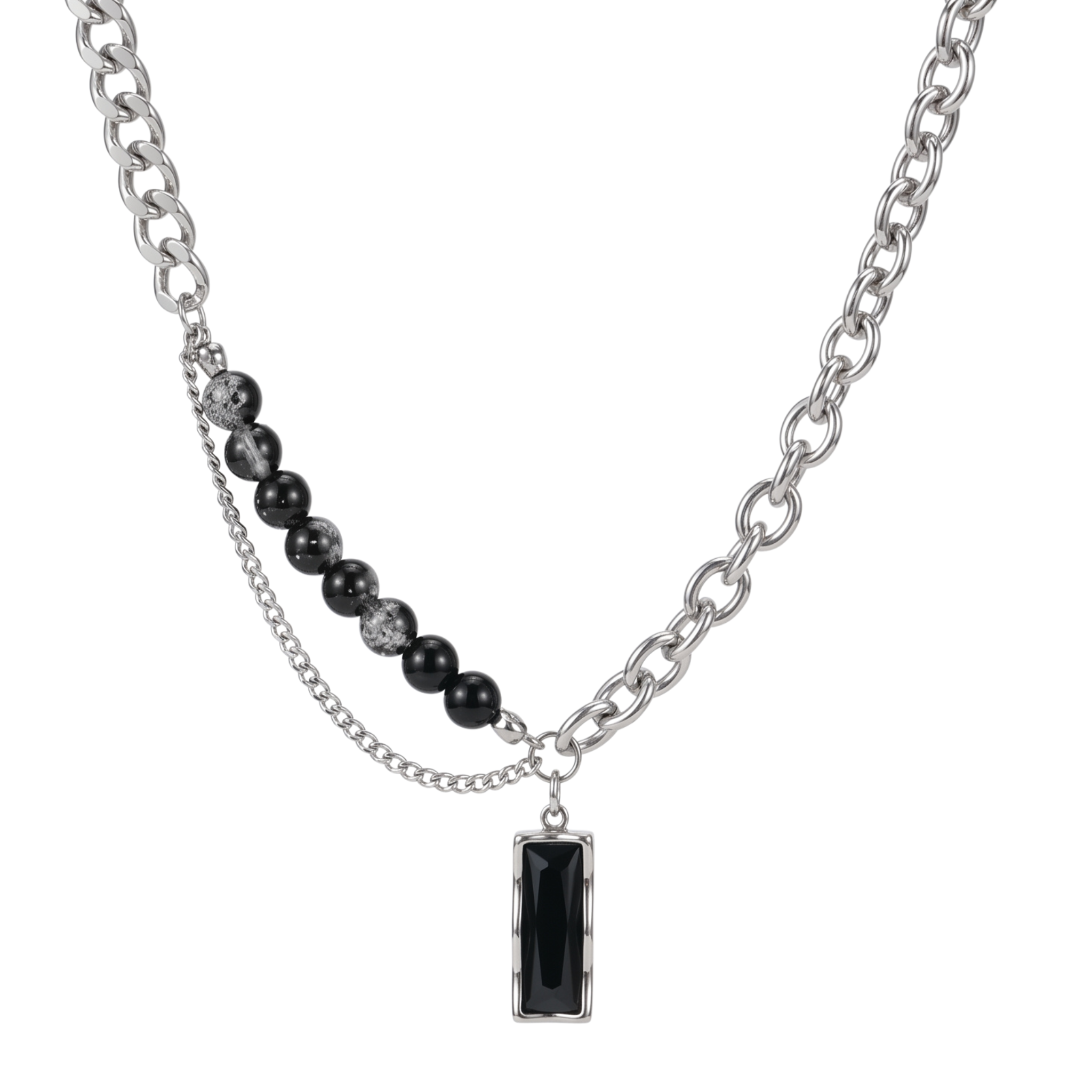 SATURN dual chain obsidian necklace in 316L stainless steel - silver