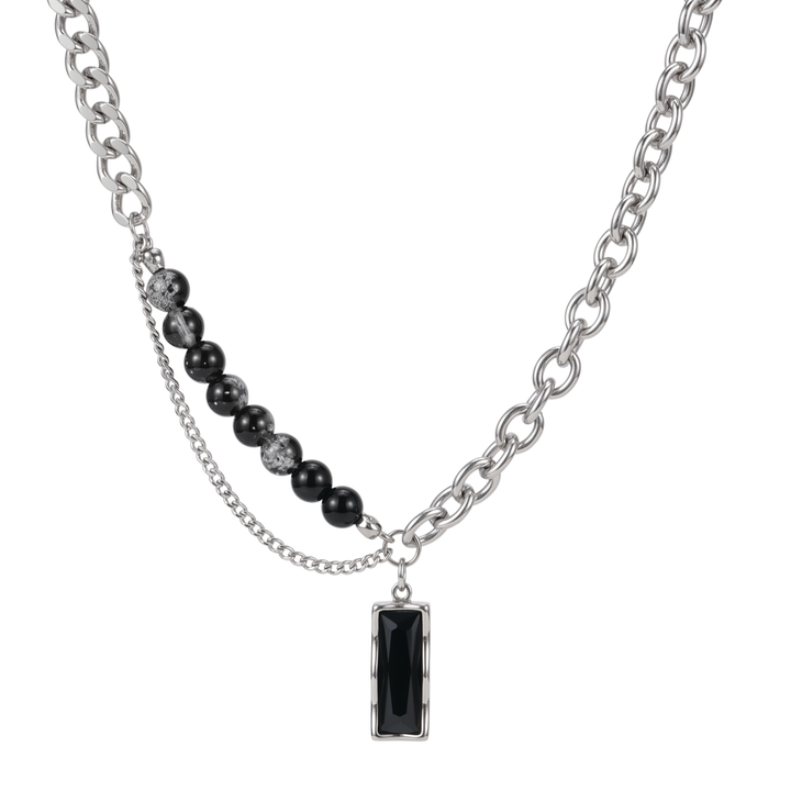 SATURN dual chain obsidian necklace in 316L stainless steel - silver