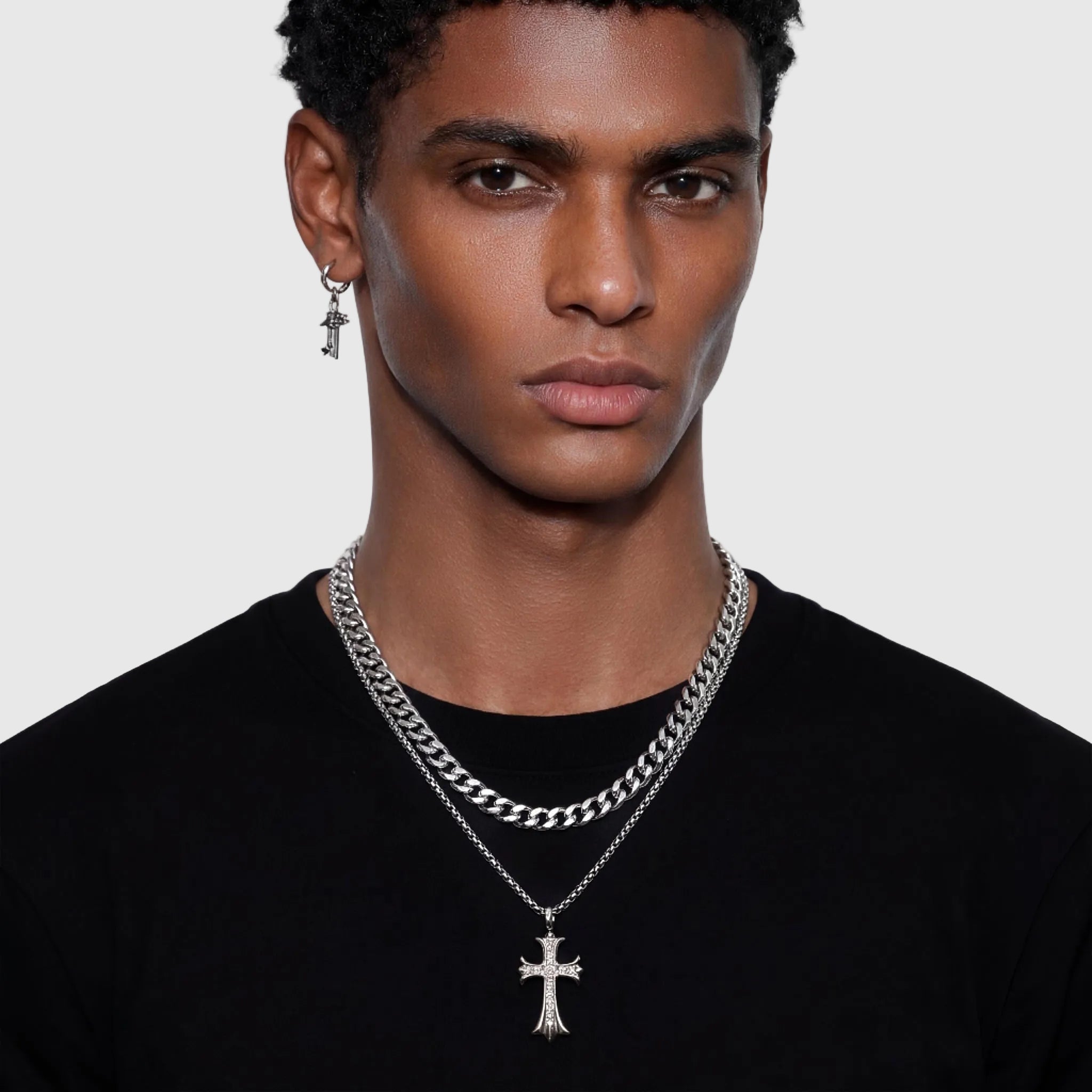 ALARIC double chain cross pendant necklace in 316L stainless steel - silver