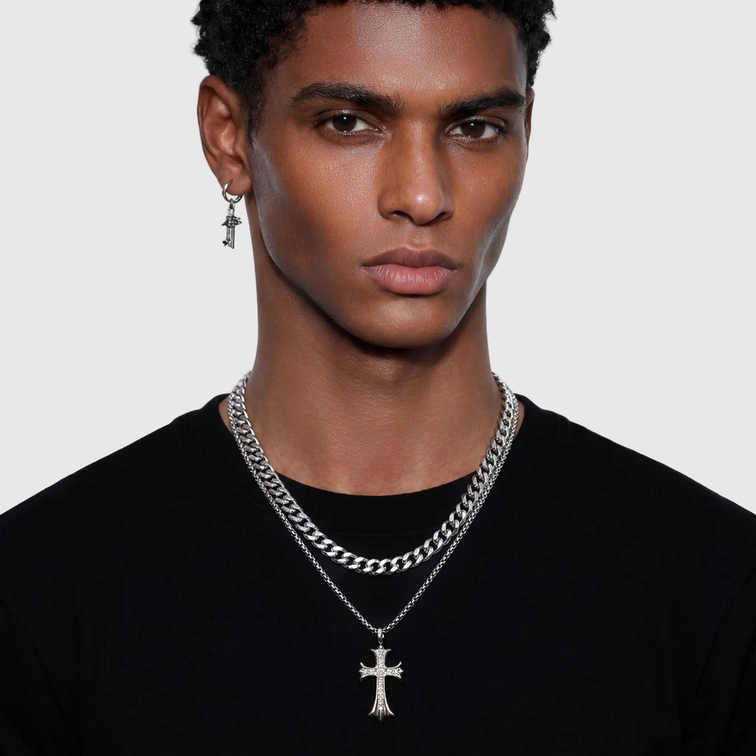 ALARIC double chain cross pendant necklace in 316L stainless steel - silver