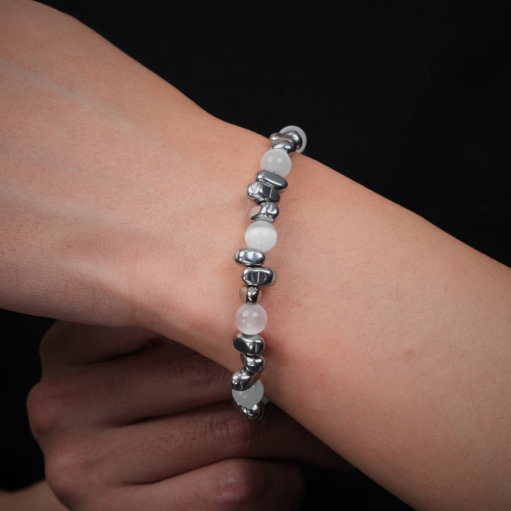 JANUS beaded cat's eye cracked quartz bracelet in 316L stainless steel - silver