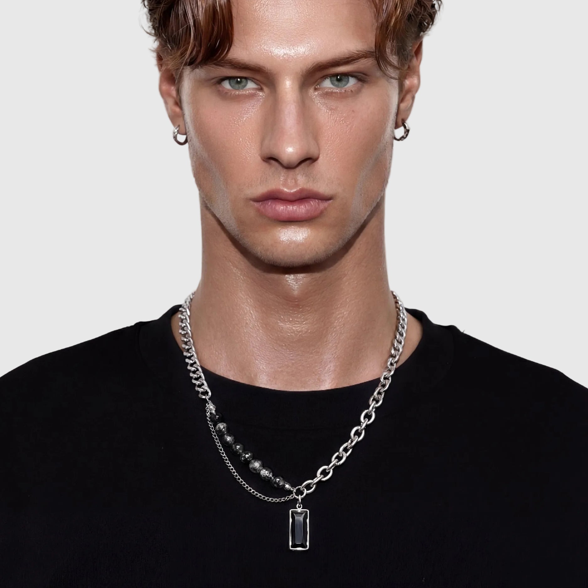 SATURN dual chain obsidian necklace clasp detail