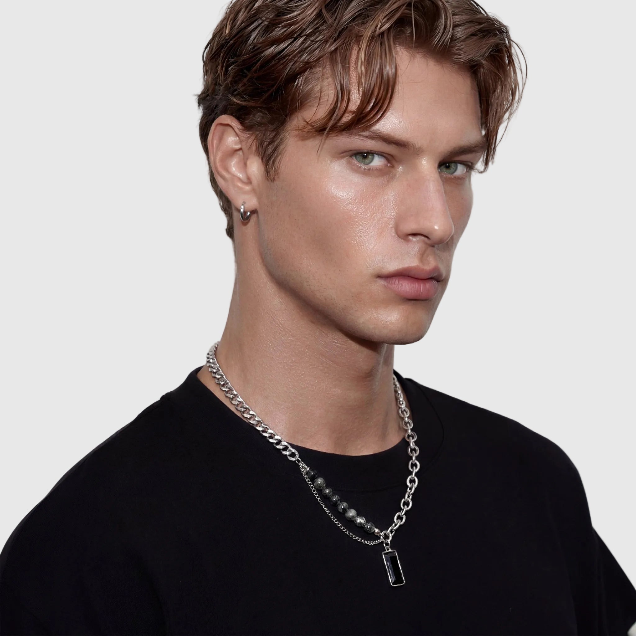 SATURN men's silver necklace on white background