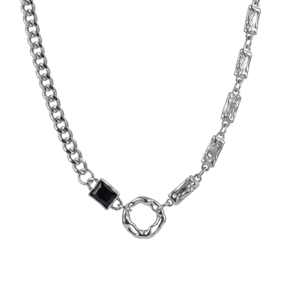 KRATOS asymmetric black stone necklace in 316L stainless steel - silver