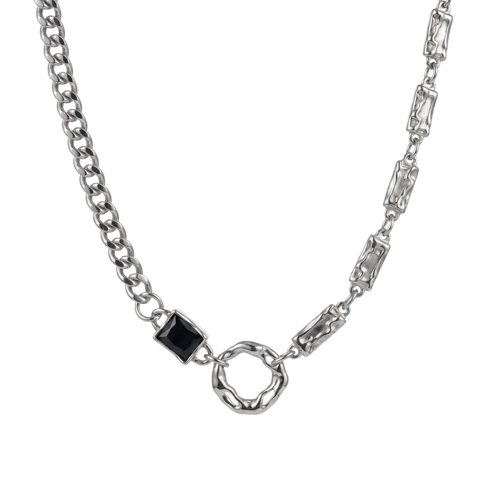 KRATOS asymmetric black stone necklace in 316L stainless steel - silver